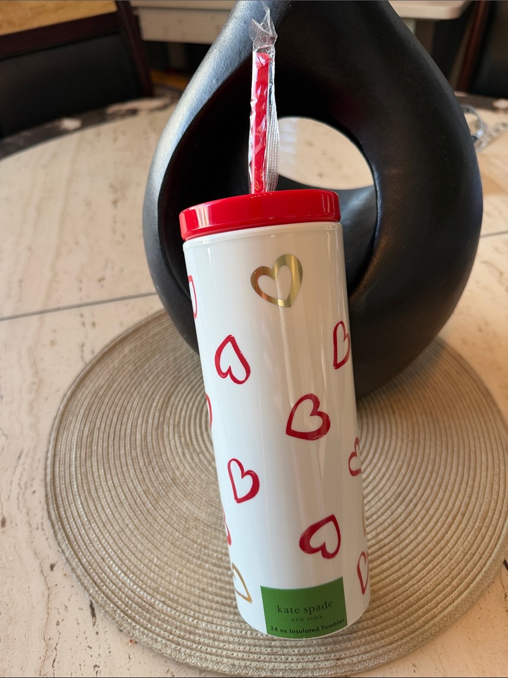 kate spade New York White Tumbler Brushstroke Hearts Red & Gold 24oz. Red Straw